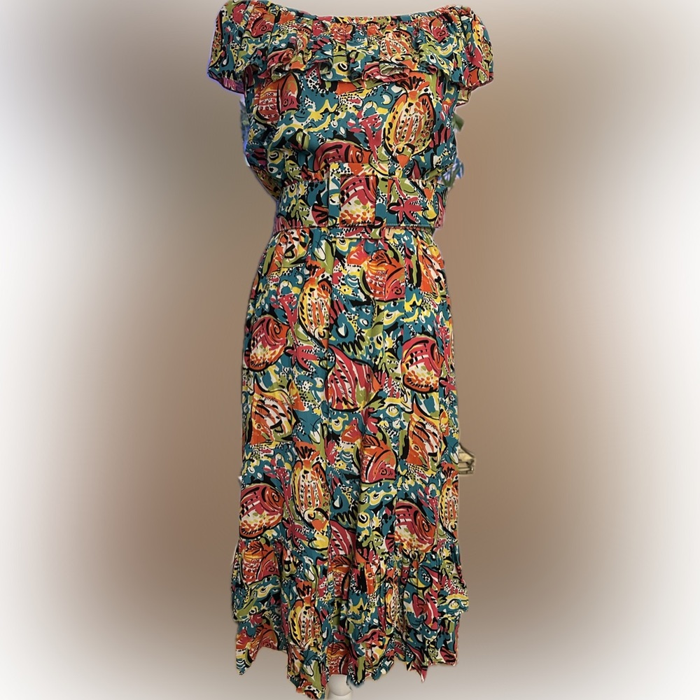 Michael Kors Collection silk fish, print dress with belt